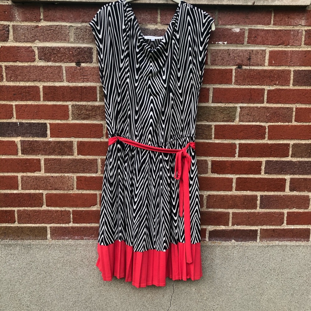 Black + white + coral patterned dress